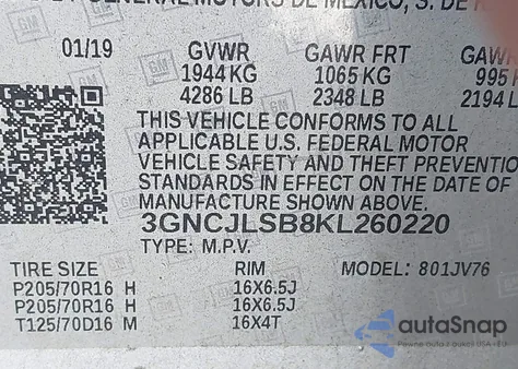 2019 Chevrolet Trax Lt from USA, damaged, VIN 3GNCJLSB8KL260220
